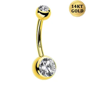 14K Gold Round CZ Belly Ring 14G Navel Ring