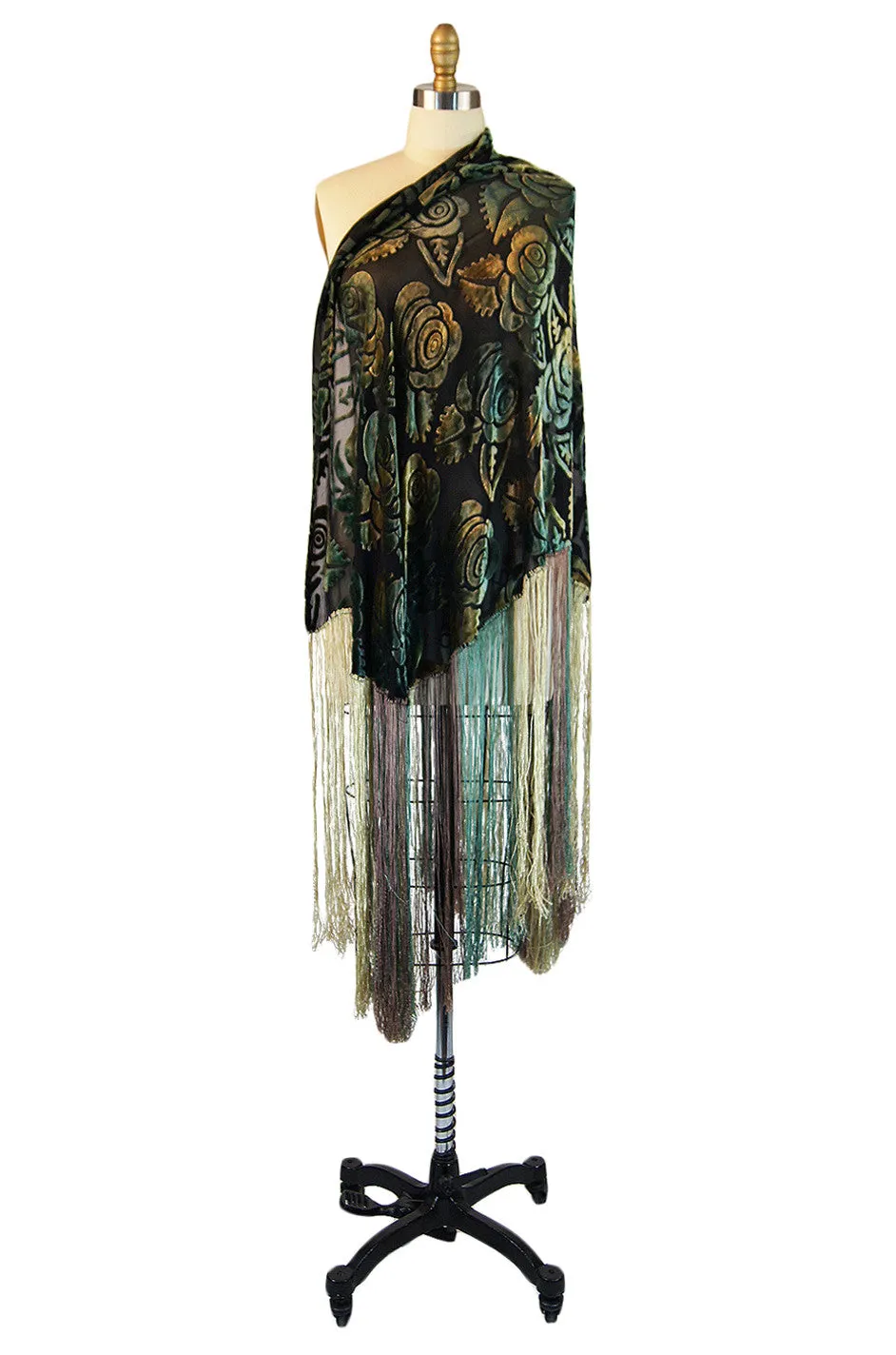 1920s Ombre Silk Devore Fringe Shawl