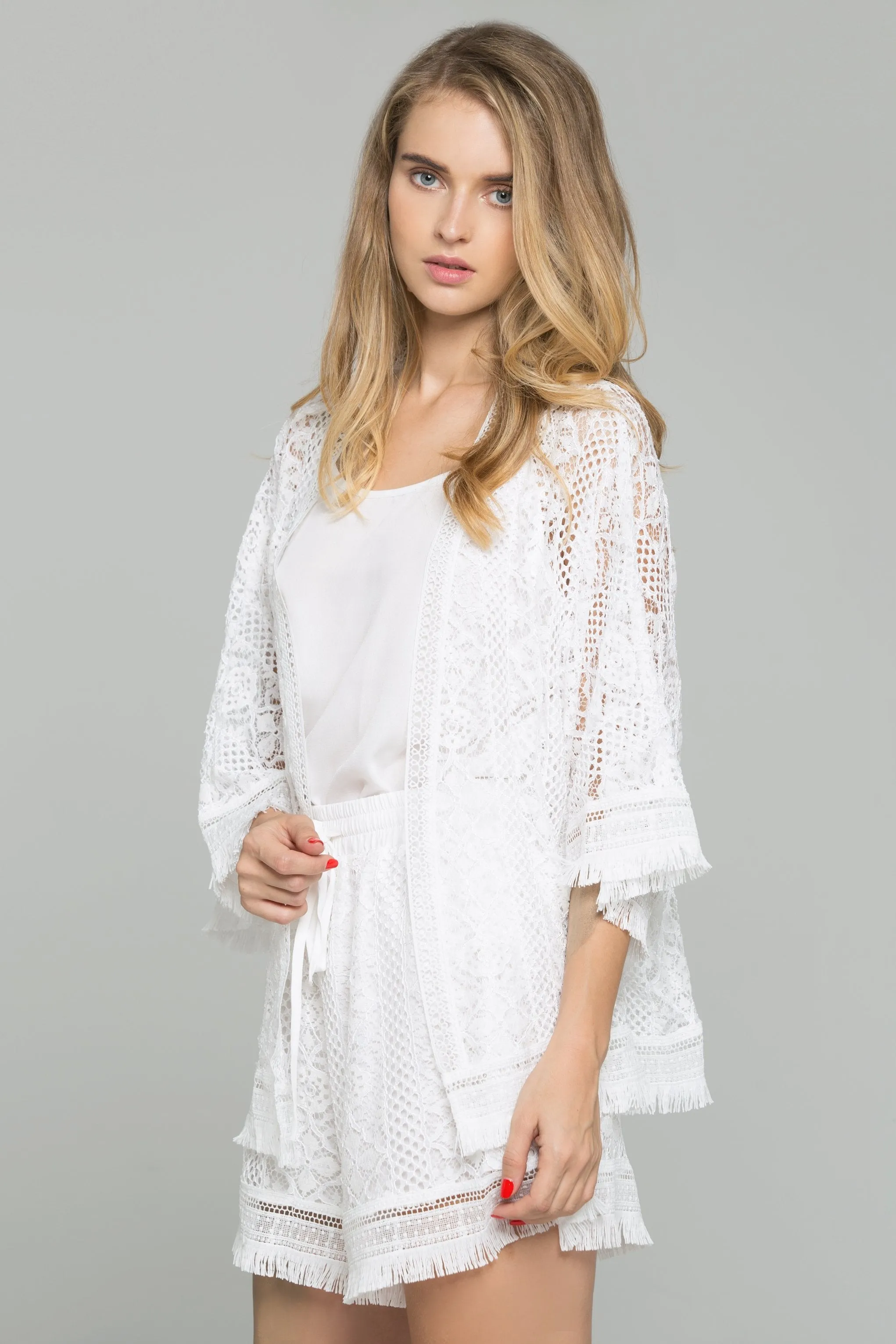 3-Piece White Lace Chiffon Fringe Hem Top and Drawstring Waist Short Set