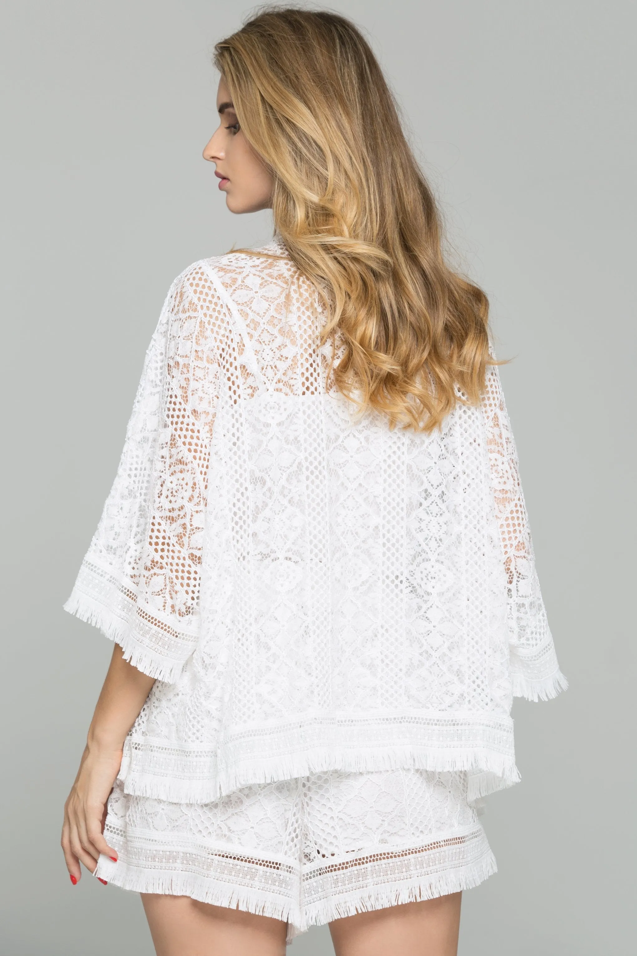 3-Piece White Lace Chiffon Fringe Hem Top and Drawstring Waist Short Set