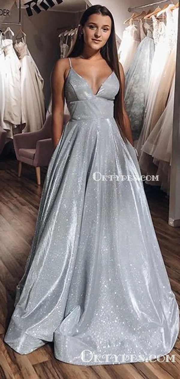 A-line V-neck Spaghetti Straps Long Sparkle Silver Sequin Long Cheap Prom Dresses with Pockets, PDS0034