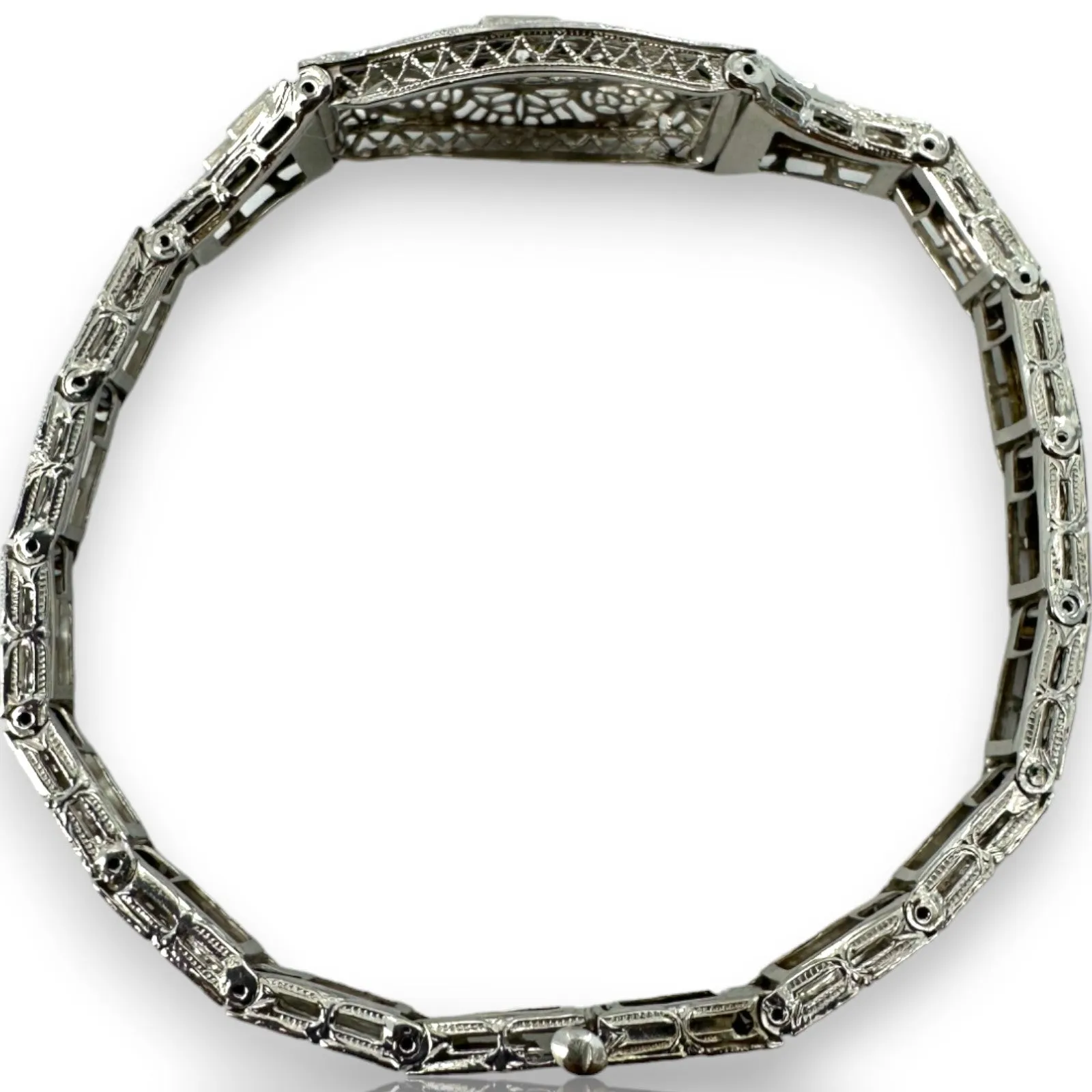 Antique 1920-30s Art Deco Era Filigree Bracelet with Transitional and Single Cut Diamonds and Glass Emeralds 7" Length