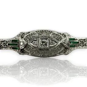 Antique 1920-30s Art Deco Era Filigree Bracelet with Transitional and Single Cut Diamonds and Glass Emeralds 7" Length