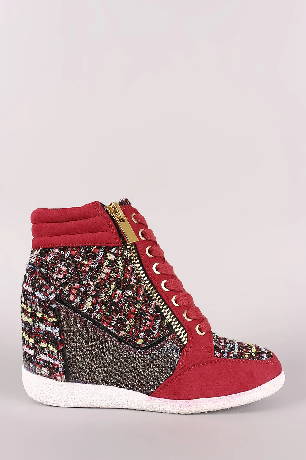 Bamboo Tweed Zipper High Top Lace Up Wedge Sneaker