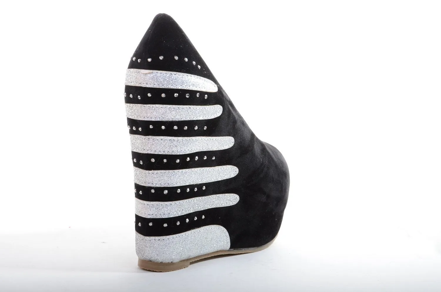 Black Faux Suede Striped Rhinestone Platform Wedge