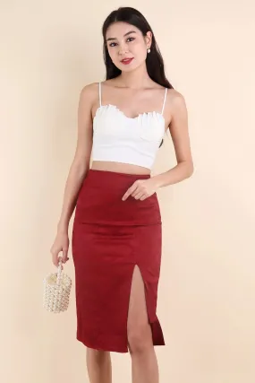 BLOSSOM EMBOSSED MIDI SKIRT IN WINE RED