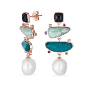 Blue Green Gemstone Abstract Pearl Dangle Earrings Yellow Gold Plated