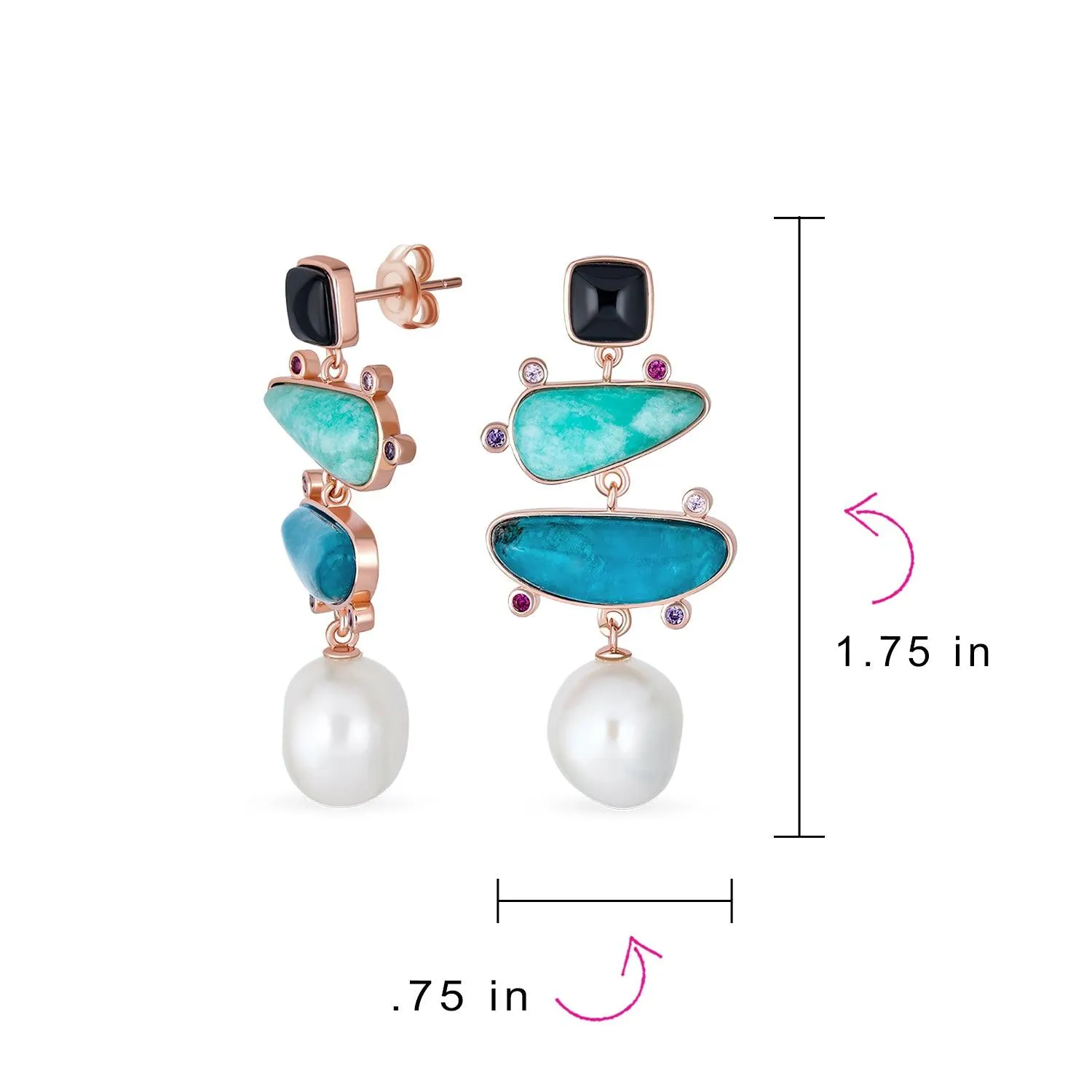 Blue Green Gemstone Abstract Pearl Dangle Earrings Yellow Gold Plated