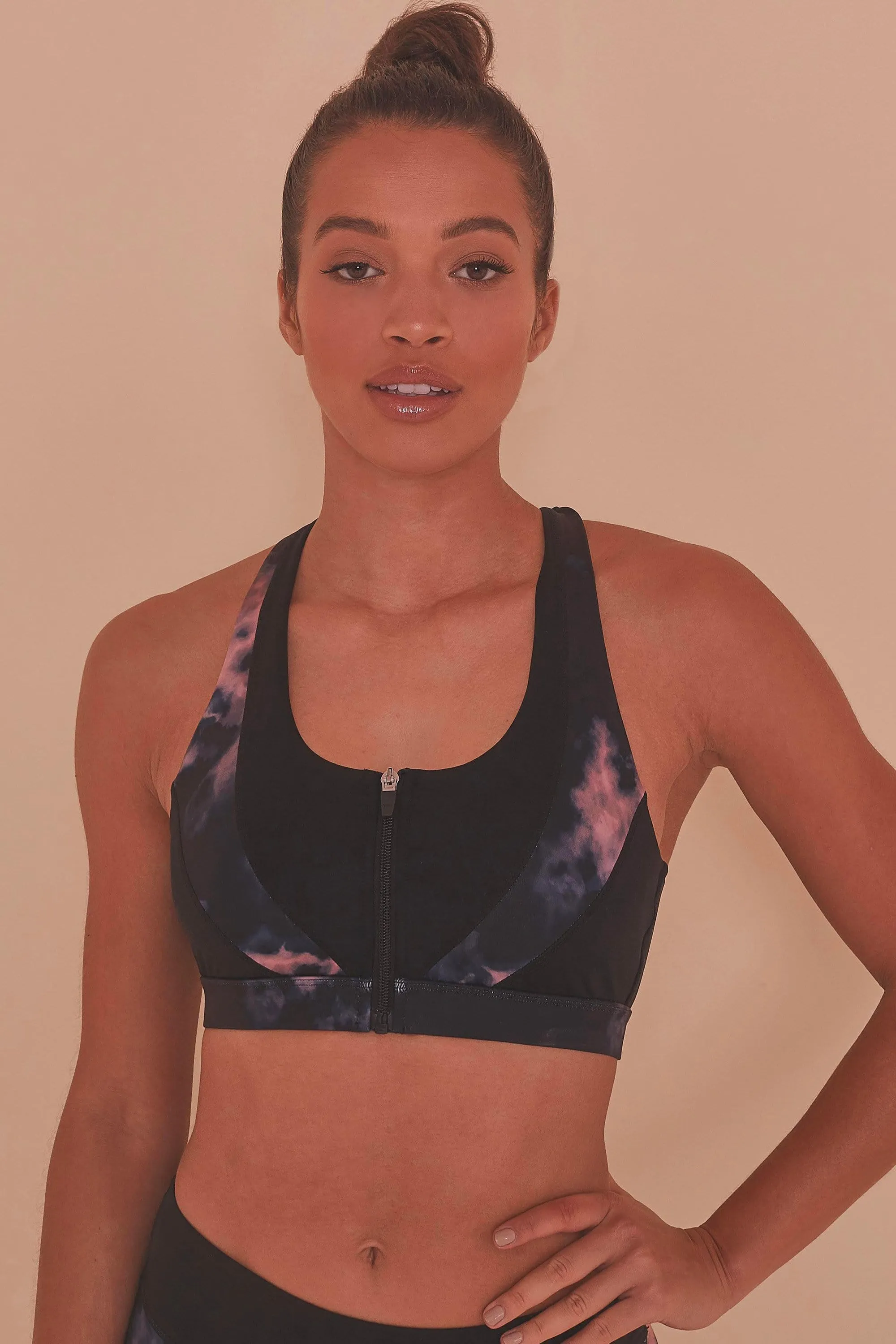 Dark Marble Zip Front Sports Bra