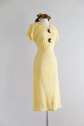 Darling 1930's Yellow Lace Day Dress With Chocolate Decorative Buttons / Medium