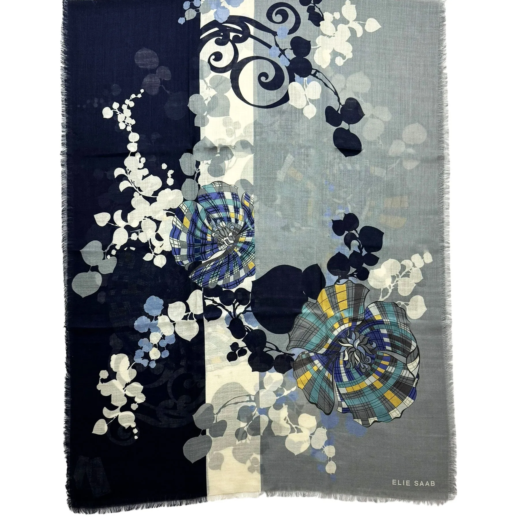 Elie Saab Scarf Gray Signature Floral Design - Cashmere Silk Shawl