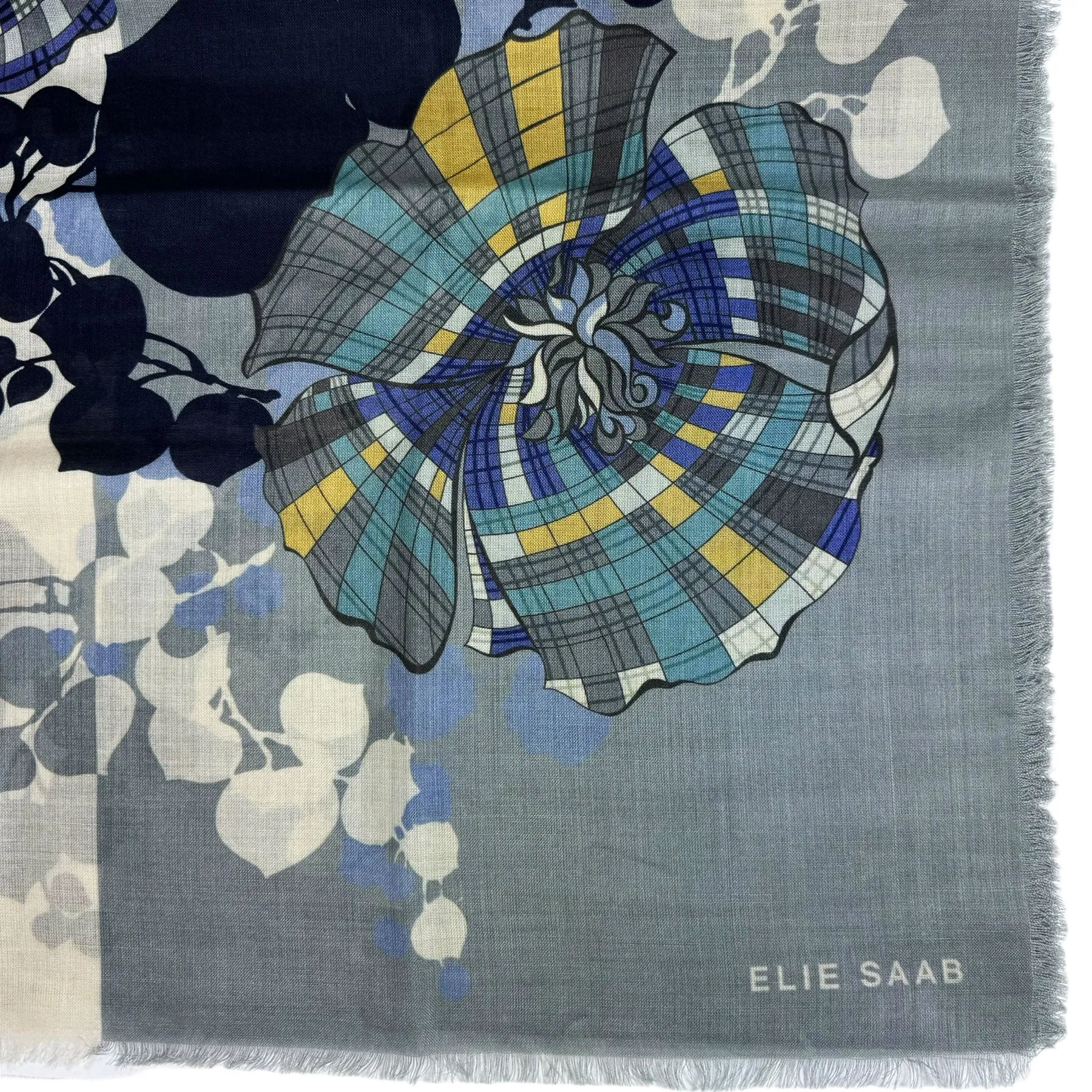 Elie Saab Scarf Gray Signature Floral Design - Cashmere Silk Shawl