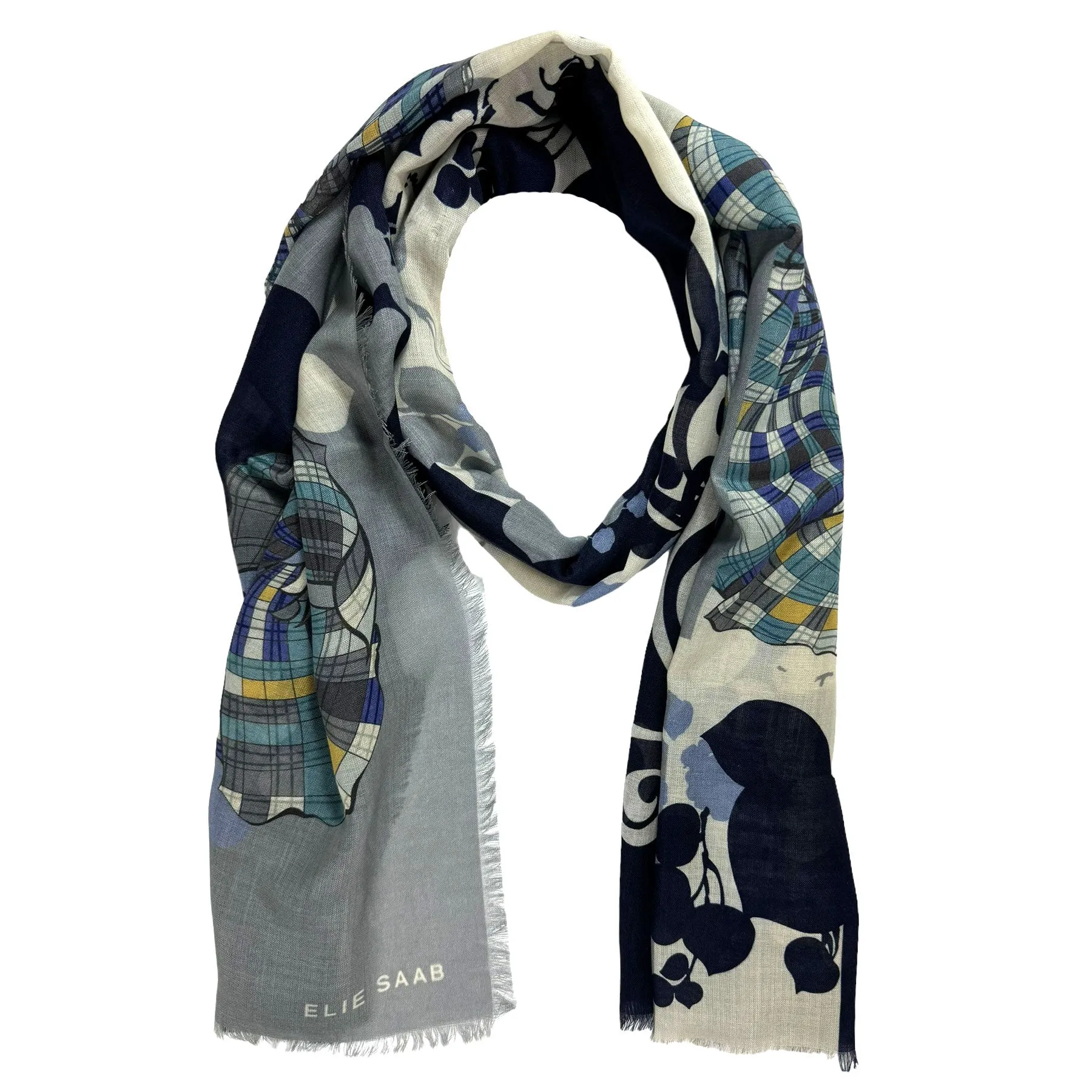 Elie Saab Scarf Gray Signature Floral Design - Cashmere Silk Shawl