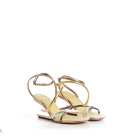 FIRST Medium Heel Sandals - Silver Gold Bronze Nappa Leather, F Shape Heel