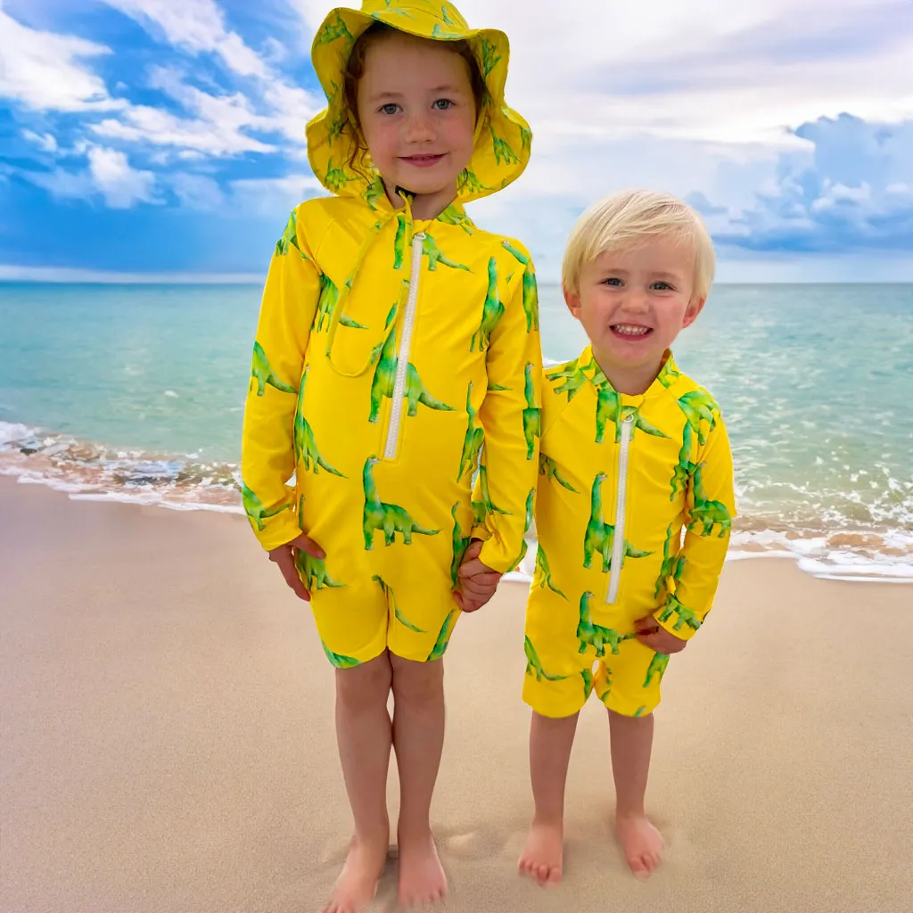 Fluro Dinosaurs Unisex Long Sleeve Zip Swimmers