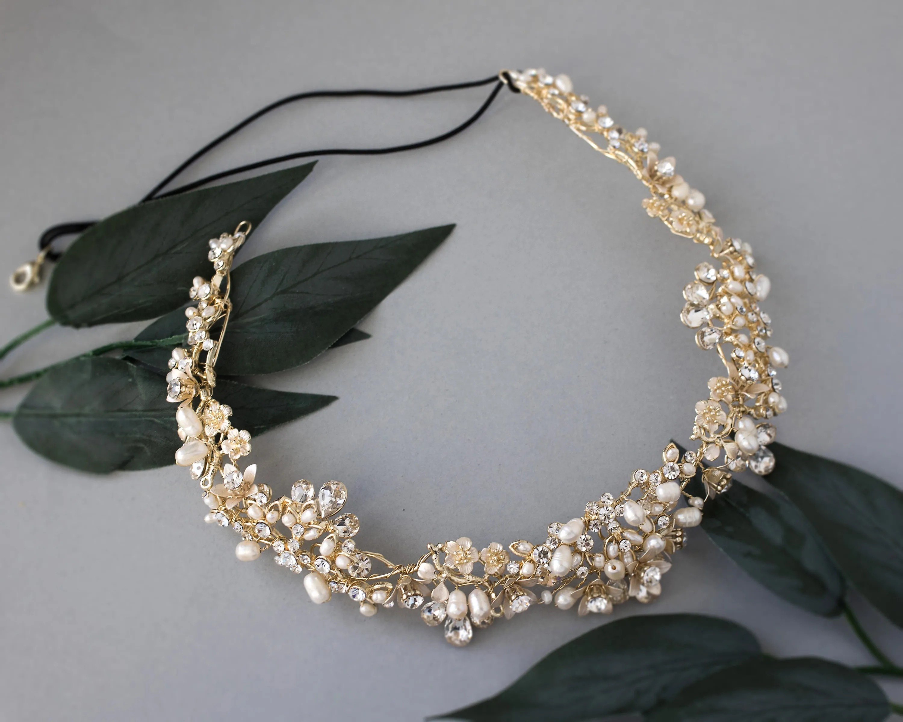 Gold Matte Flowers and Pearls Bridal Headpiece