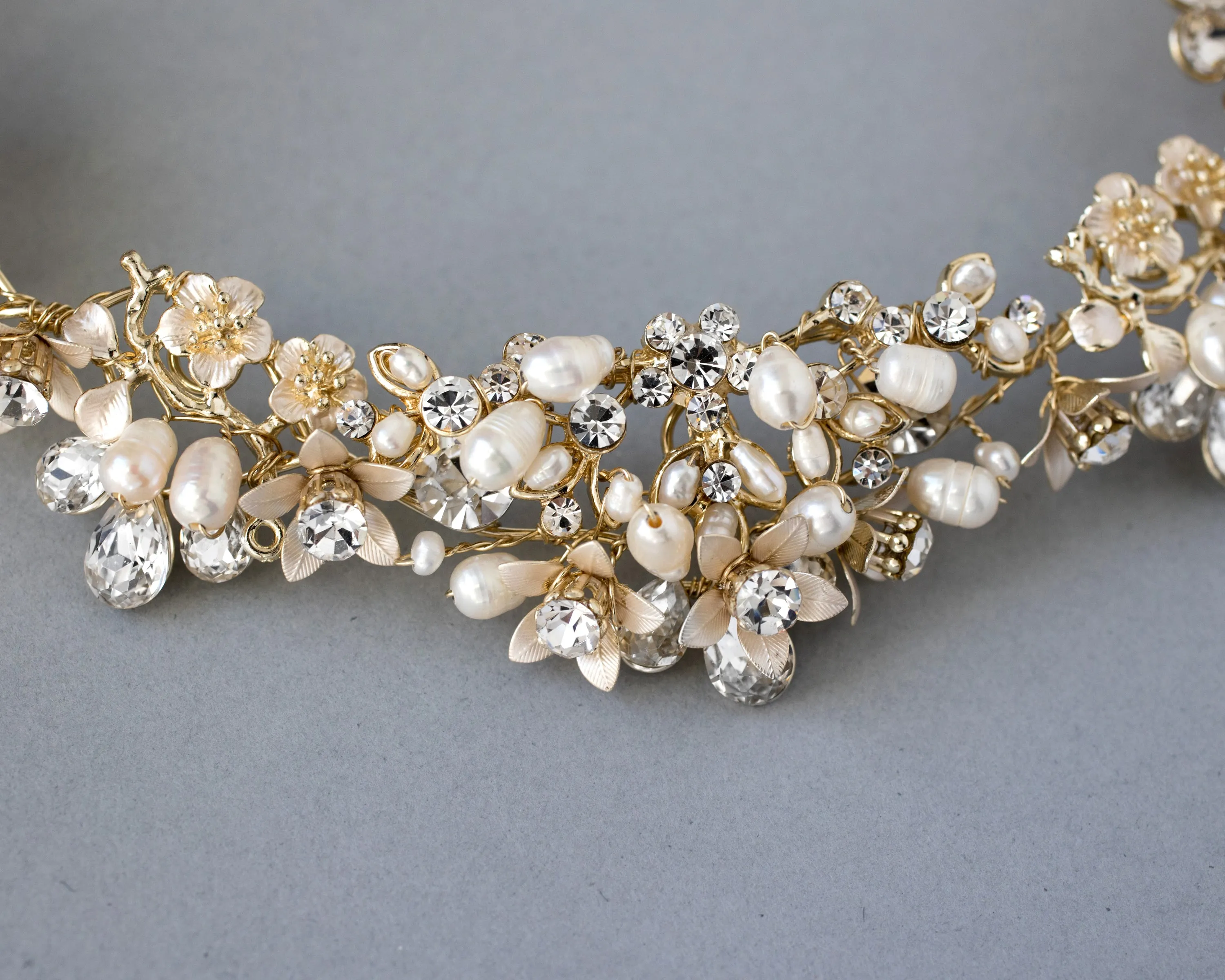 Gold Matte Flowers and Pearls Bridal Headpiece