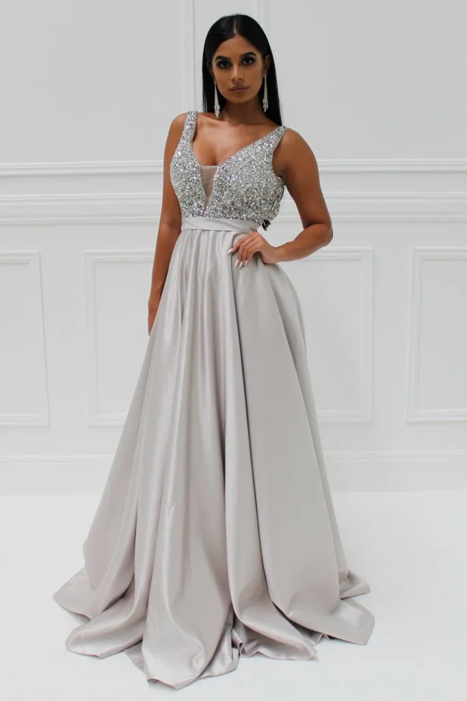 Honey Couture BROYN Silver Diamante Front Princess Ball Formal Gown Dress