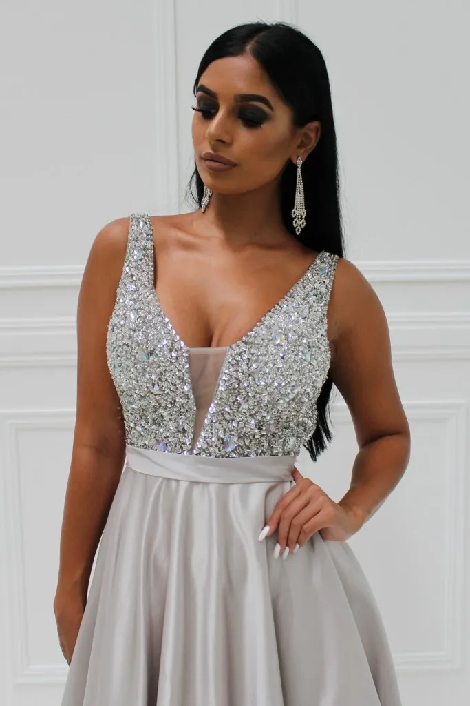 Honey Couture BROYN Silver Diamante Front Princess Ball Formal Gown Dress