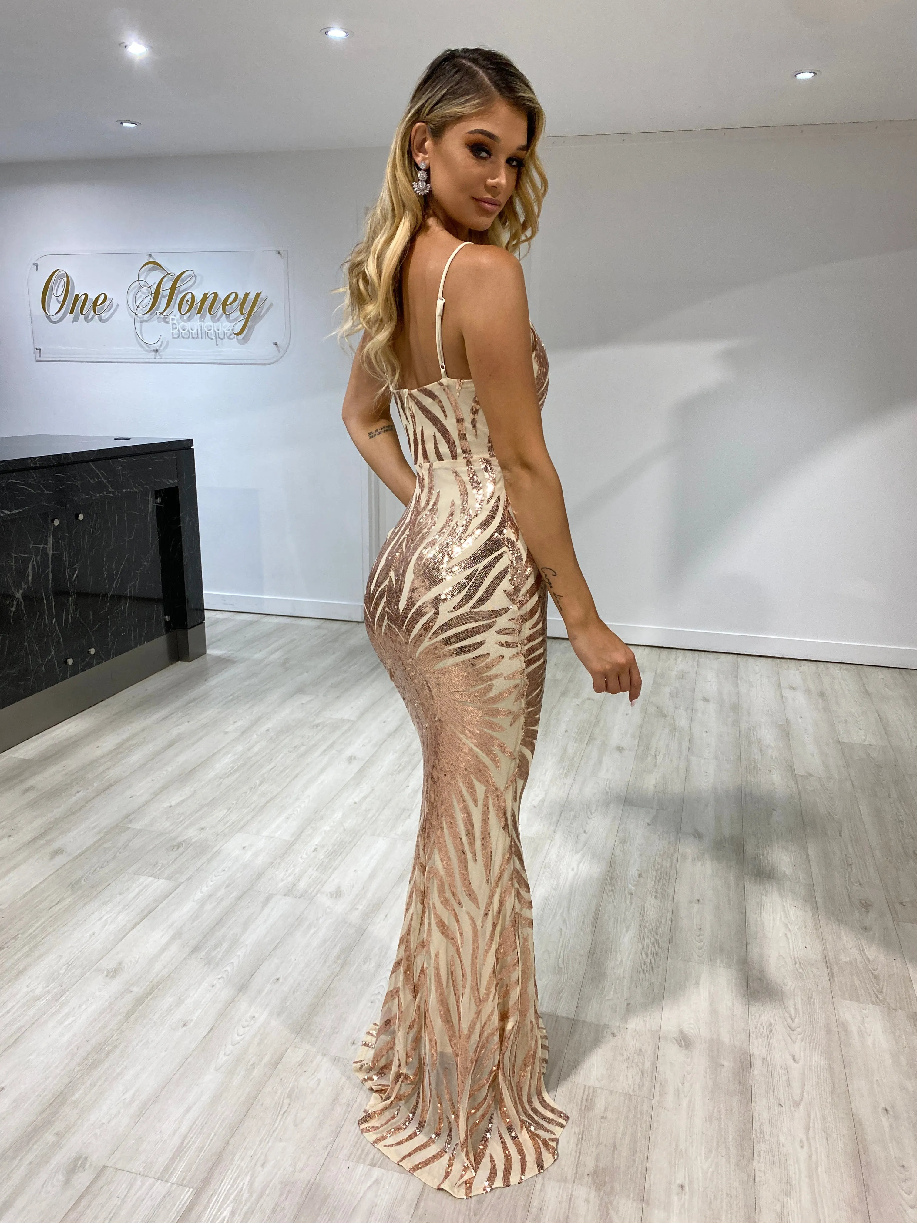 Honey Couture GENENE Rose Gold Thin Strap Sequin Formal Dress