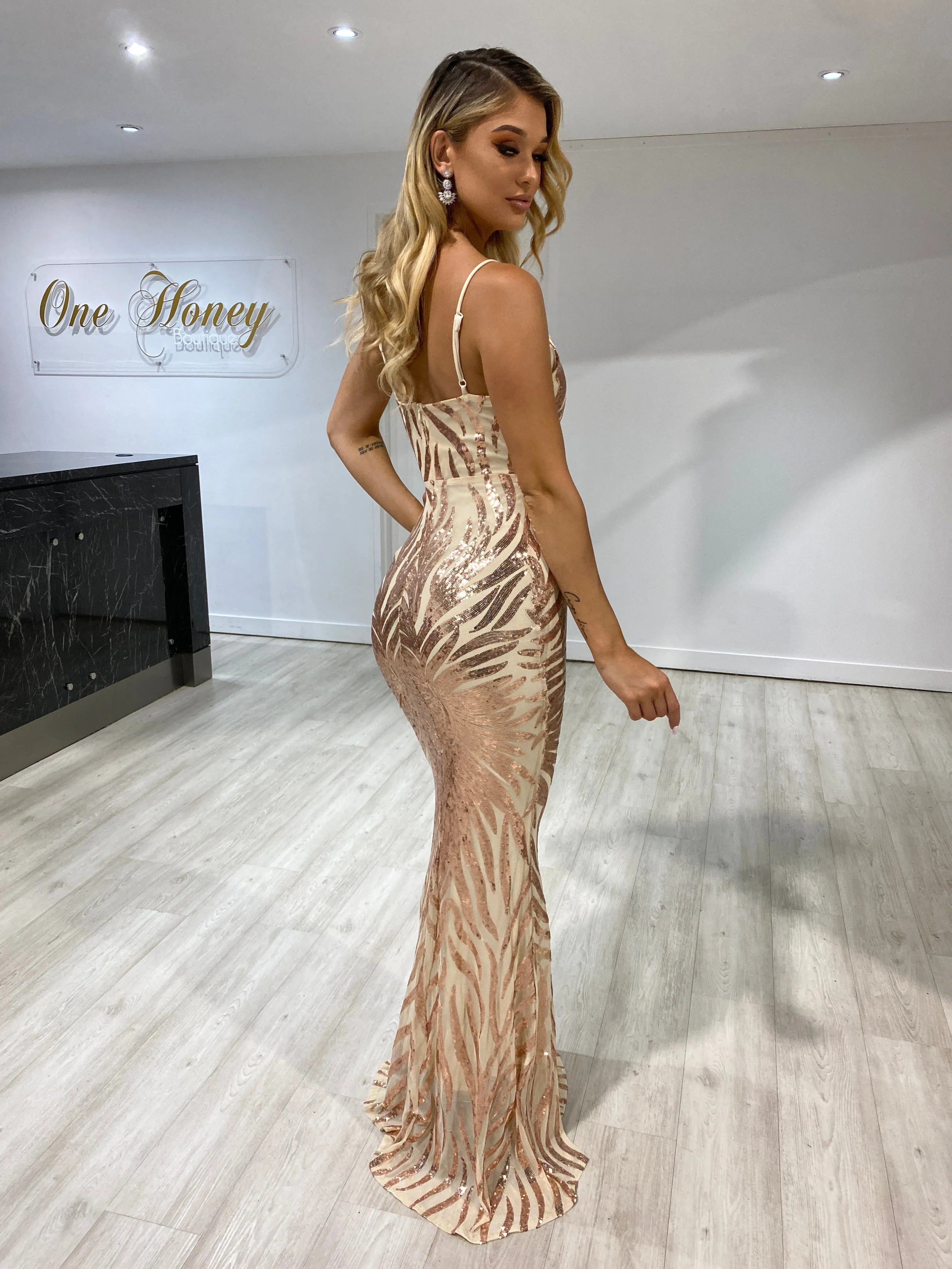 Honey Couture GENENE Rose Gold Thin Strap Sequin Formal Dress