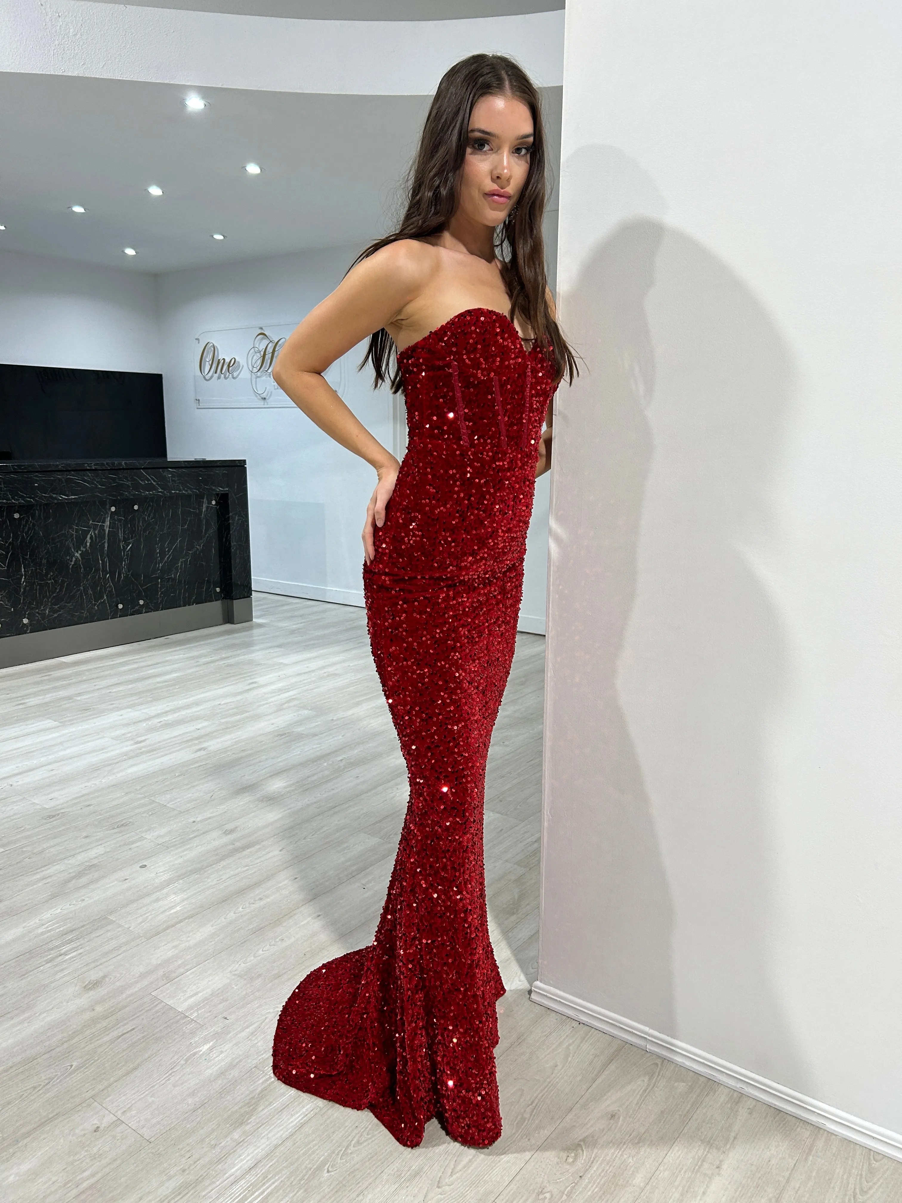 Honey Couture MADDISON Red Strapless Mermaid Evening Dress