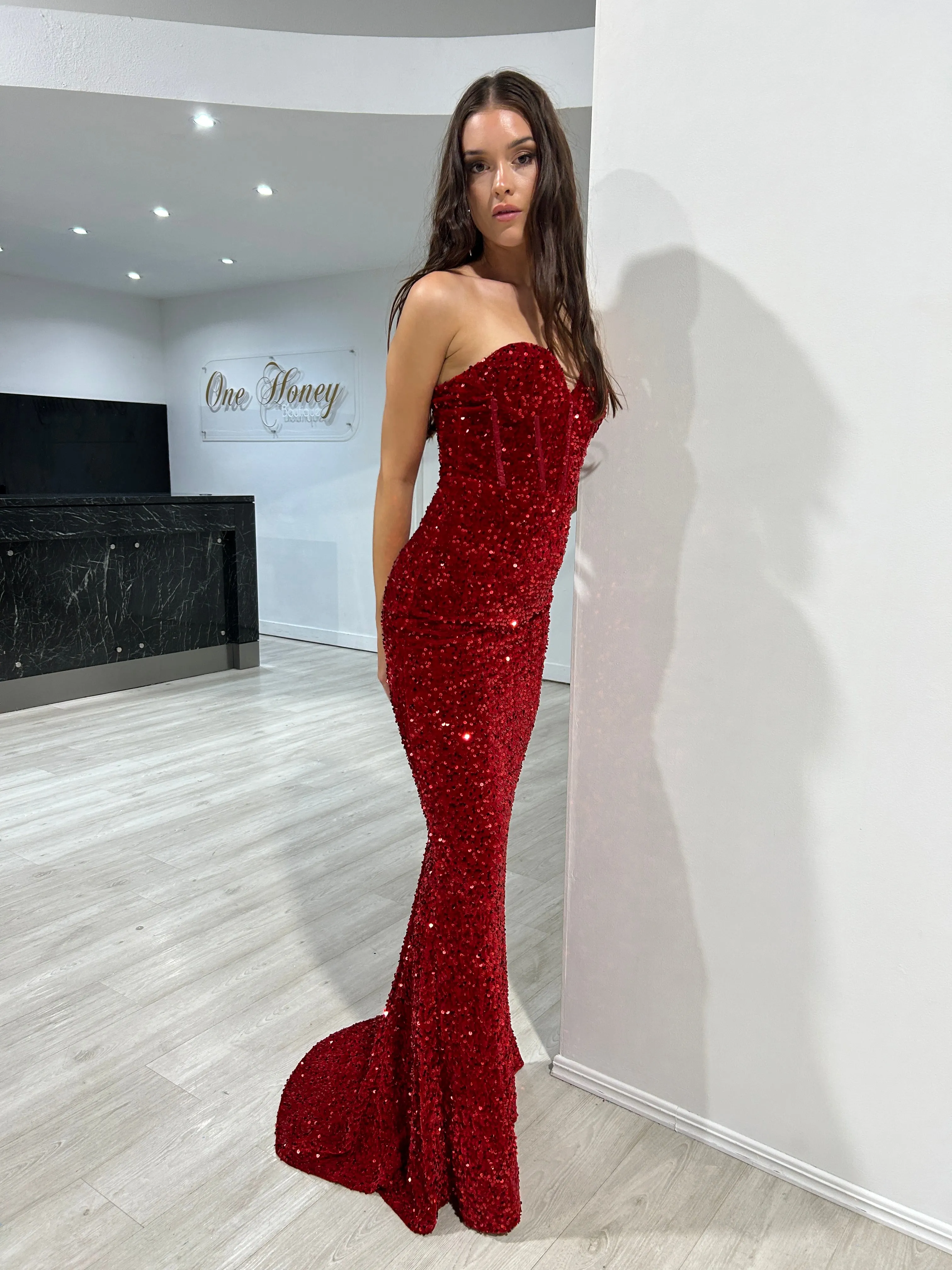 Honey Couture MADDISON Red Strapless Mermaid Evening Dress