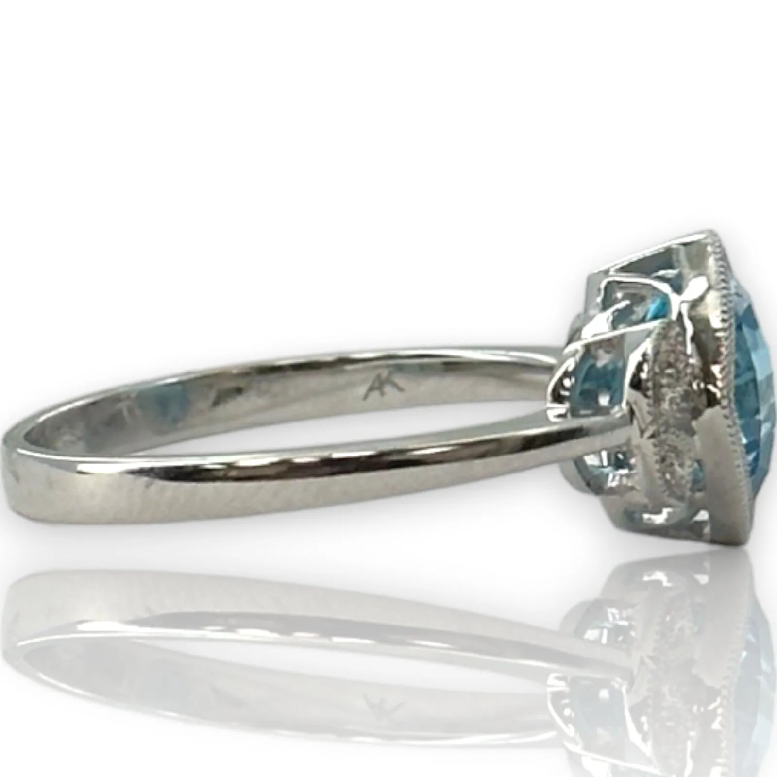 Legacy Custom Jewelers Solid 14kt White Gold and Checkerboard Cut Bezel Set Blue Topaz Ring with Diamond Leaf Milgrain Details Size 7