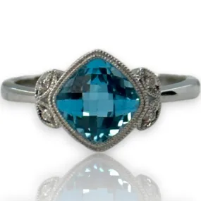 Legacy Custom Jewelers Solid 14kt White Gold and Checkerboard Cut Bezel Set Blue Topaz Ring with Diamond Leaf Milgrain Details Size 7