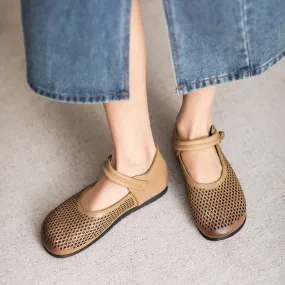 Mary Jane Comfy Leather Braided Belt Flats Perforated Design in Beige/Khaki