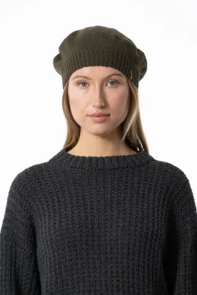 Merino Handknit Beret in Olive Green