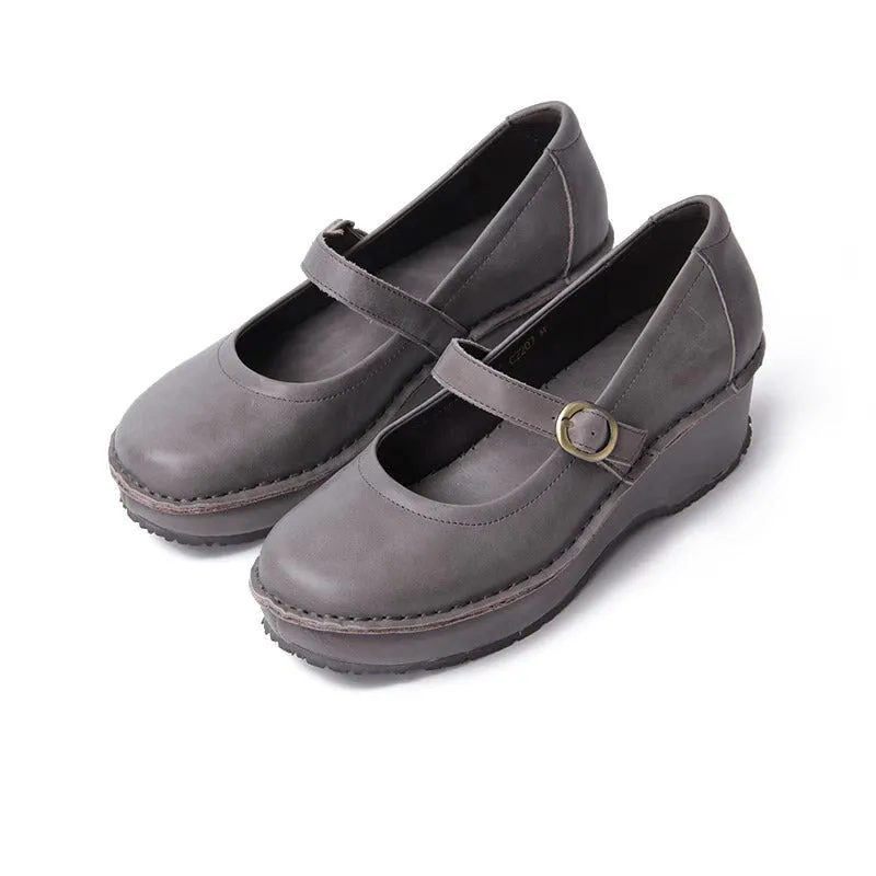 Retro Soft All Leather Platform Mary Jane Shoes In Beige/Black/Grey