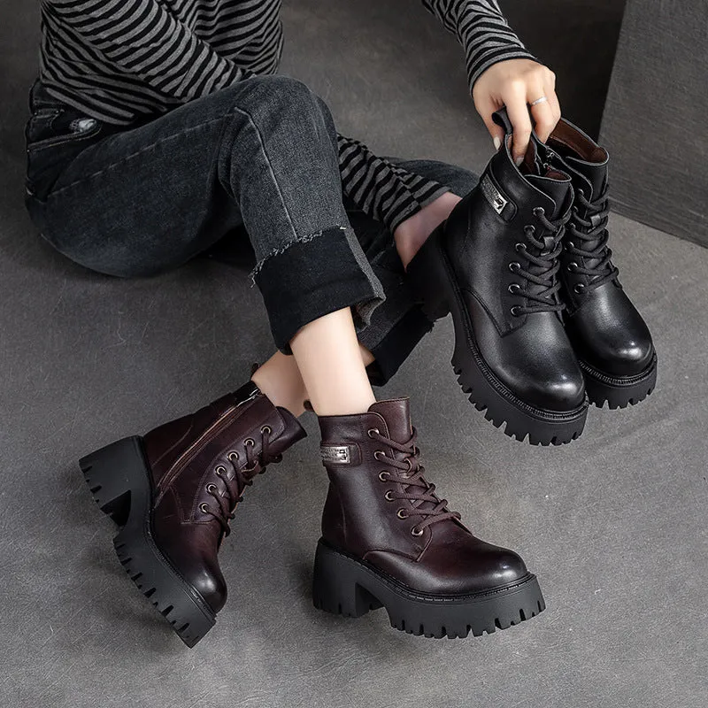 Women Leather Furred Chunky Platform Winter Boots