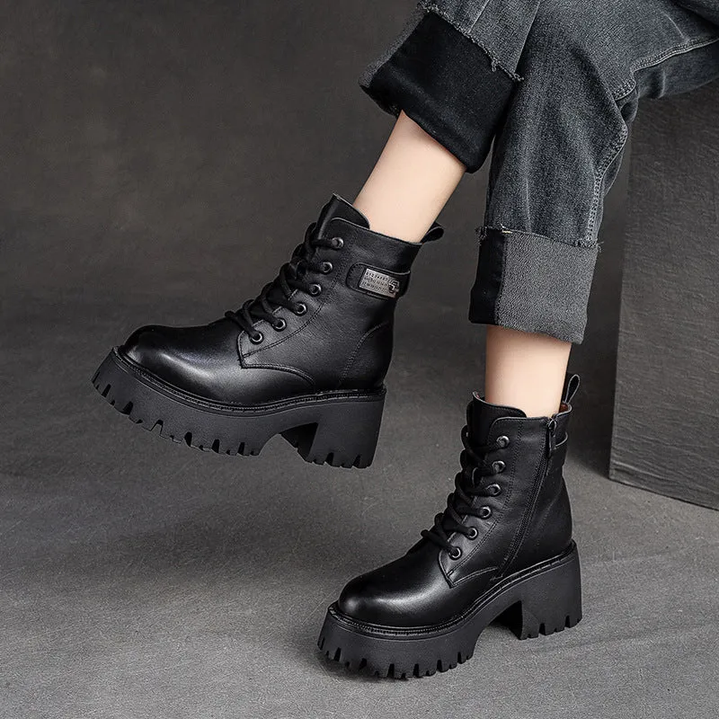 Women Leather Furred Chunky Platform Winter Boots